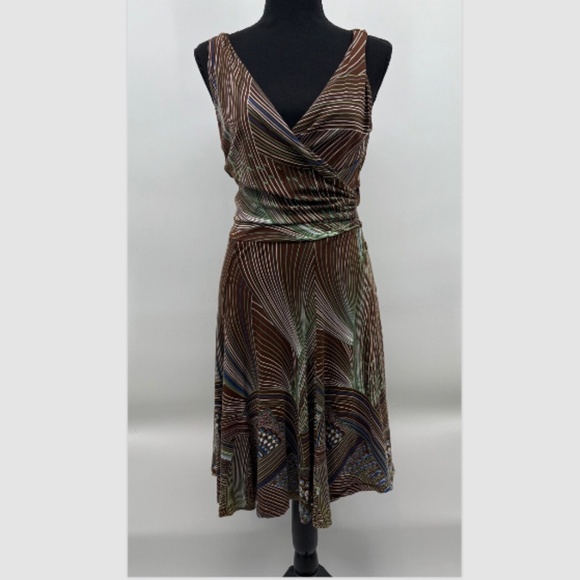 Tori Richard Dress Women Small Brown Sleeveless Stripes Wrap Stretch 70s Retro - Picture 1 of 11
